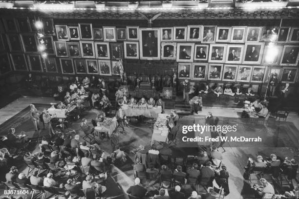 High-angle view of the hearing room during the proceedings of the Knapp Commission , New York, New York, November 13, 1971. American police officer...