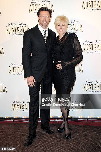 Australian actor Hugh Jackman with his wife Deborra-Lee Furness attend the Paris Premiere of 'Australia' at cinema Gaumont Marigny on December 1,...