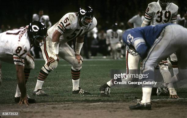 Hall of Fame linebacker Dick Butkus of the Chicago Bears in action during the Bears 28-14 loss to the Detroit Lions on October 5, 1970 at Tiger...