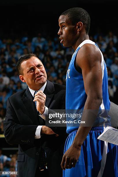 Head coach Billy Gillispie of the Kentucky Wildcats speaks with Darius Miller during the game against the North Carolina Tar Heels at the Dean E....