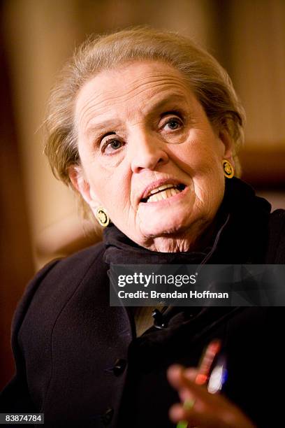 Former Secretary of State Madeleine Albright speaks at the Fortune 500 Forum Dinner at the State Department on December 1, 2008 in Washington, DC....