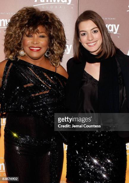 Singer and music legend Tina Turner and Actress Anne Hathaway backstage at the Amway Global presentation of Tina Turner Live in Concert at Madison...