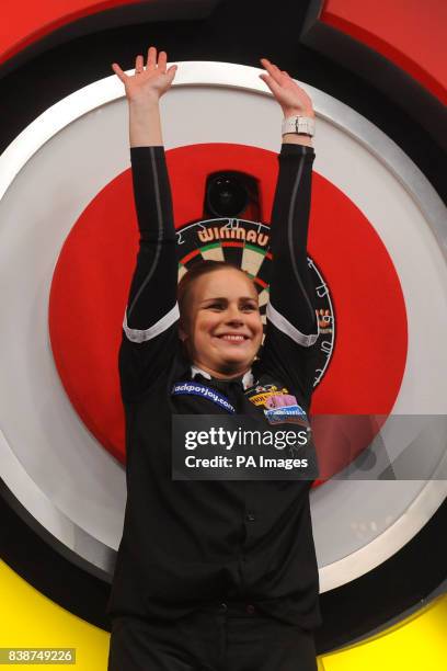 Russia's Anastasia Dobromyslova celebrates beating England's Deta Hedman to win the Women's BDO World Professional Darts Championships at the...