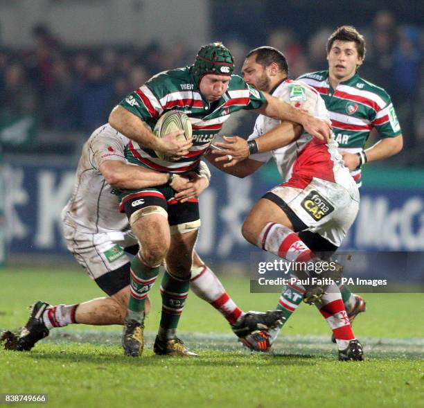 Leicester Tigers Thomas Waldrom is tackled by Ulsters John Afoa during a Heineken Cup Pool Three match at Ravenhill, Belfast.