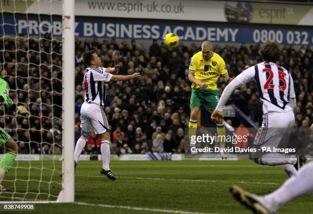 Steve Morison heads home Norwich City's second goal during the Barclays Premier League match at The Hawthorns, West Bromwich.