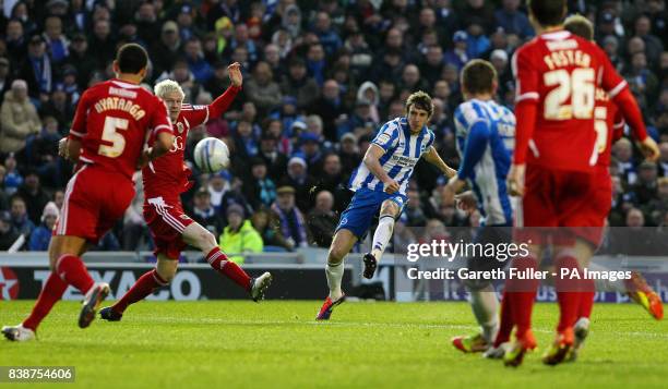 Brighton's Will Buckley takes a shot at goal during the npower Championship match at the AMEX Stadium, Brighton.