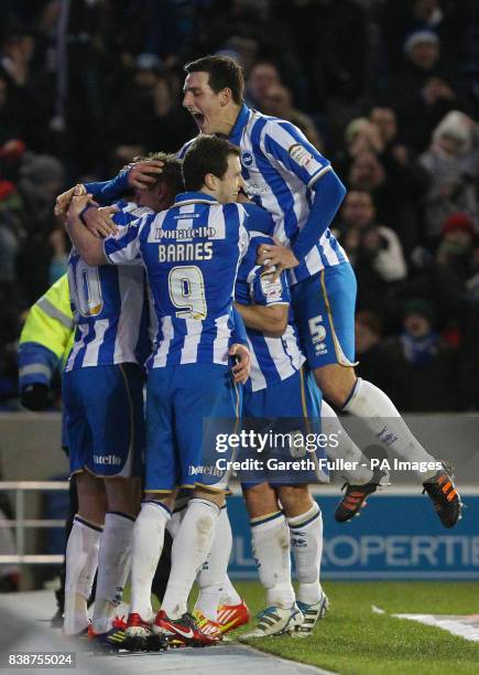 Brighton players celebrate their second goal scored by Will Buckley during the npower Championship match at the AMEX Stadium, Brighton.