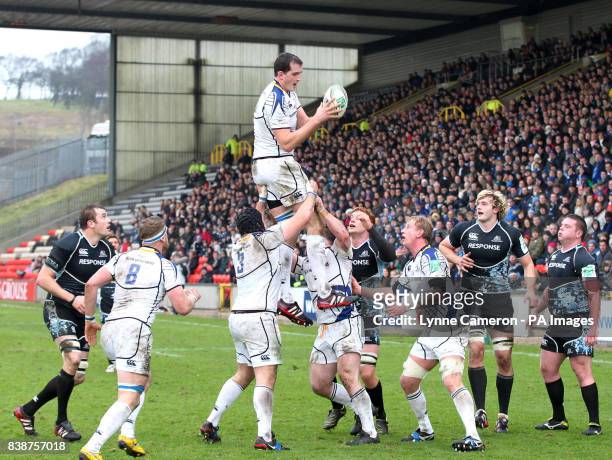 Leinster's Sean O'Brien takes the ball at a line out during the Heineken Cup match at Firhill Stadium, Glasgow.