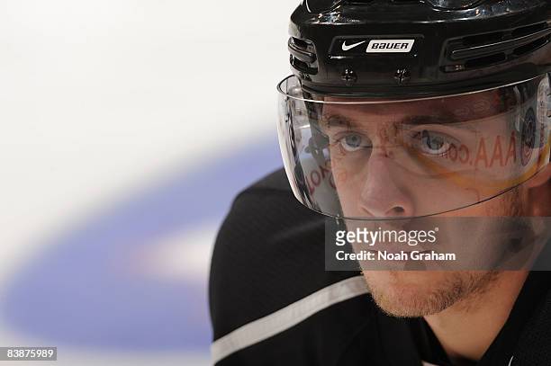 Anze Kopitar of the Los Angeles Kings skates on the ice during warmups prior to the game against the Toronto Maple Leafs during the game on December...