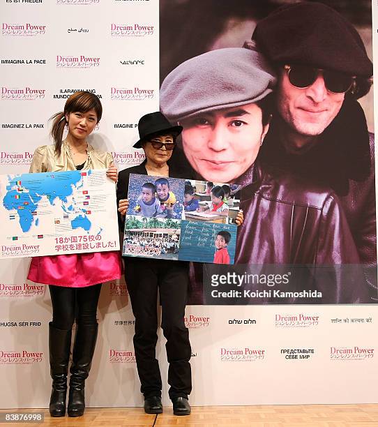 Artist Yoko Ono and J-pop singer Bonnie Pink attend the "Dream Power John Lennon Super Live" press conference at Imagine Studio of Nippon...