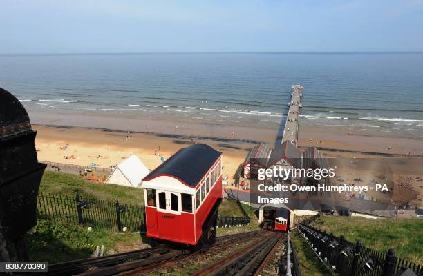 The newly refurbished water-powered cliff lift at Saltburn-by-the-Sea in Cleveland which has just reopened to the public after a 30,000 refit.