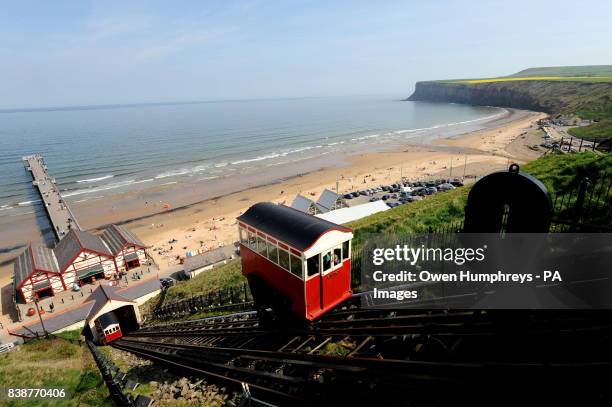 The newly refurbished water-powered cliff lift at Saltburn-by-the-Sea in Cleveland which has just reopened to the public after a 30,000 refit.