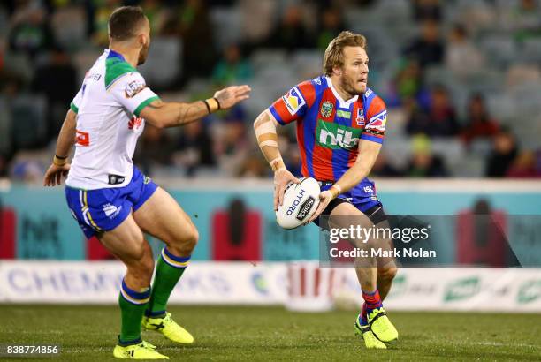 Nathan Ross of the Knights in action during the round 25 NRL match between the Canberra Raiders and the Newcastle Knights at GIO Stadium on August...