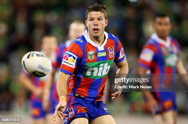 Jack Cogger of the Knights in action during the round 25 NRL match between the Canberra Raiders and the Newcastle Knights at GIO Stadium on August...