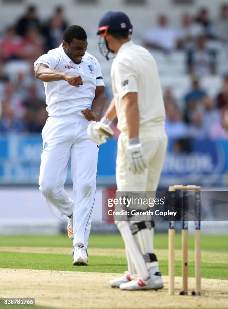 Shannon Gabriel of the West Indies celebrates dismissing Alastair Cook of England during day one of the 2nd Investec Test between England and the...