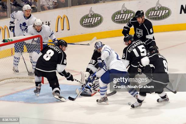 The Los Angeles Kings defend in the crease against the Toronto Maple Leaves during the game on December 1, 2008 at Staples Center in Los Angeles,...