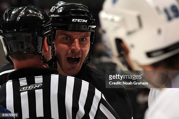 Raitis Ivanans of the Los Angeles Kings has words with Dominic Moore of the Toronto Maple Leafs during the game on December 1, 2008 at Staples Center...