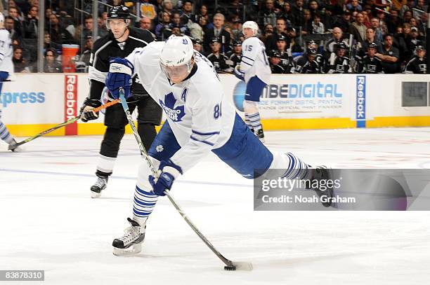 Nik Antropov of the Toronto Maple Leafs shoots the puck against the Los Angeles Kings during the game on December 1, 2008 at Staples Center in Los...