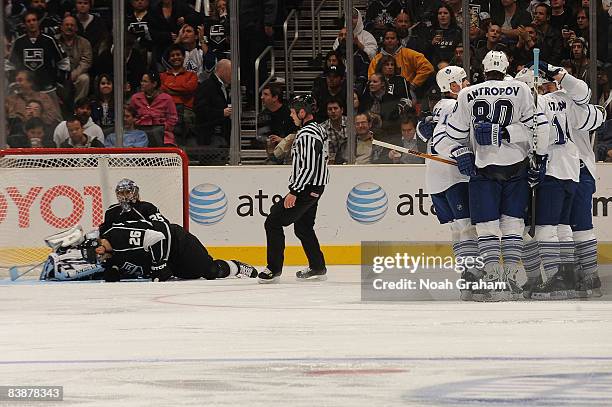 The Toronto Maple Leafs celebrate a goal from teammate Jeff Finger to win the game 3-1 against the Los Angeles Kings during the game on December 1,...