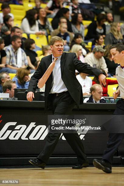 Head Coach Brad Jones of the Utah Flash disagrees with the referee during the game against the Bakersfield Jam at McKay Events Center on December 01,...
