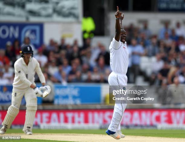 Kemar Roach of the West Indies successfully appeals for the wicket of Tom Westley of England during day one of the 2nd Investec Test between England...