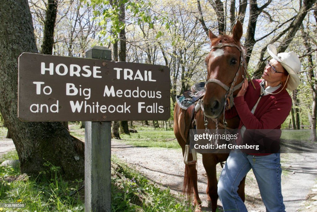 A female trail guide with a horse standing next to the horse trail sign at Shenandoah National Park.