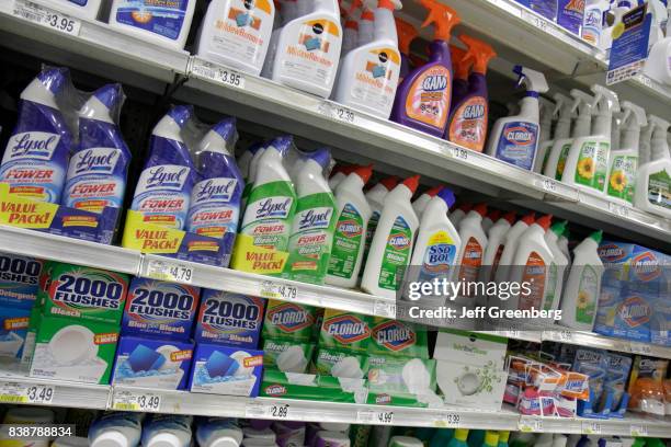 Shelves of bathroom cleaning products for sale at Publix Grocery Store.