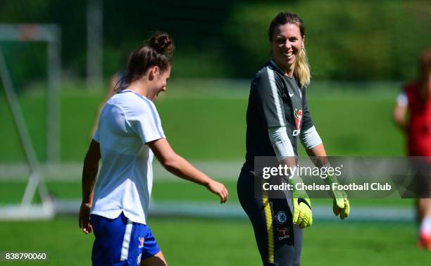 Carley Telford and Ramona Bachmann of Chelsea during a training session on August 25, 2017 in Schladming, Austria.