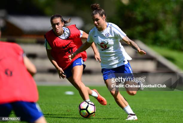 Ramona Bachmann and Magdalena Eriksson of Chelsea during a training session on August 25, 2017 in Schladming, Austria.