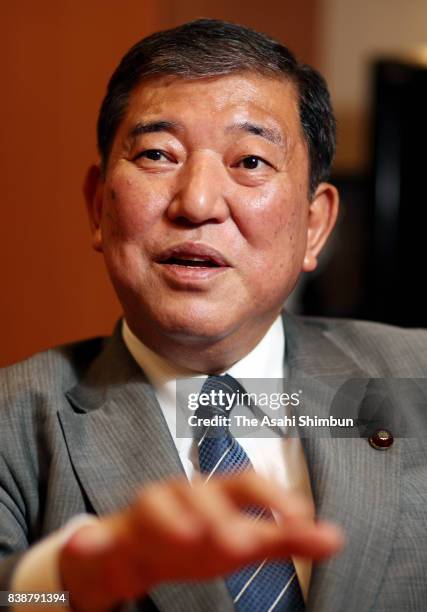 Liberal Democratic Party veteran lawmaker Shigeru Ishiba speaks during the Asahi Shimbun interview on August 22, 2017 in Tokyo, Japan.