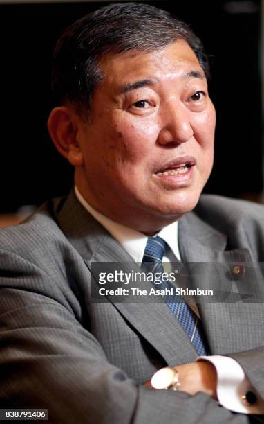 Liberal Democratic Party veteran lawmaker Shigeru Ishiba speaks during the Asahi Shimbun interview on August 22, 2017 in Tokyo, Japan.