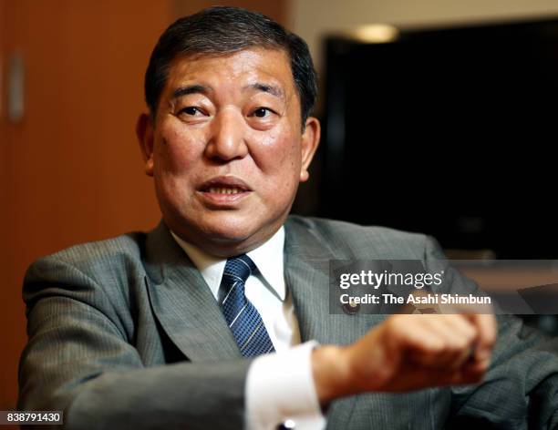 Liberal Democratic Party veteran lawmaker Shigeru Ishiba speaks during the Asahi Shimbun interview on August 22, 2017 in Tokyo, Japan.