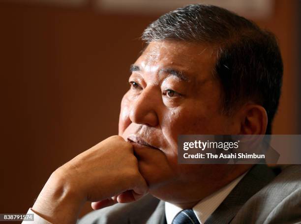 Liberal Democratic Party veteran lawmaker Shigeru Ishiba speaks during the Asahi Shimbun interview on August 22, 2017 in Tokyo, Japan.