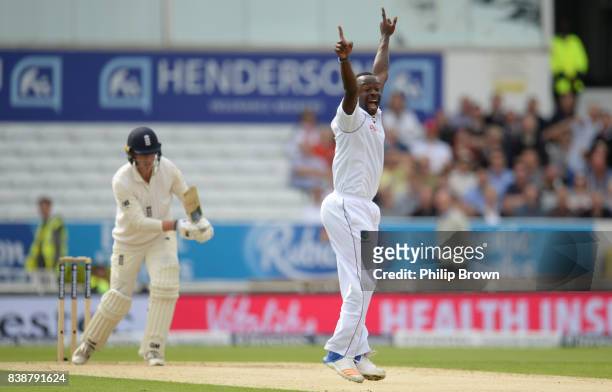 Tom Westley of England is dismissed by Kemar Roach of the West Indies during the 2nd Investec Test match between England and the West Indies at...