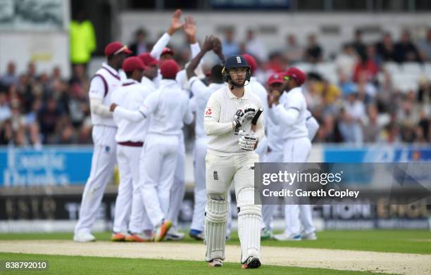 Mark Stoneman of England leaves the field after being dismissed by Kemar Roach of the West Indies during day one of the 2nd Investec Test between...