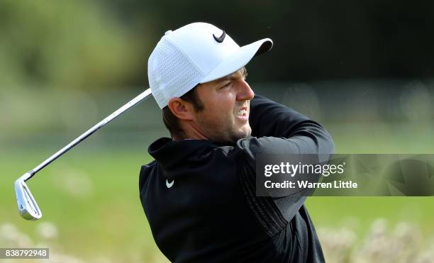 Ashley Chesters hits his tee shot on the 2nd hole during day two of Made in Denmark at Himmerland Golf & Spa Resort on August 25, 2017 in Aalborg,...