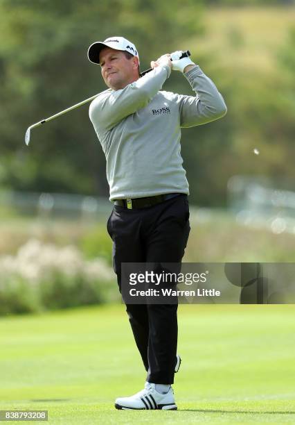 Steve Webster of England hits his third shot on the 18th hole during day two of Made in Denmark at Himmerland Golf & Spa Resort on August 25, 2017 in...