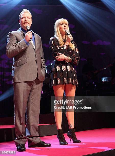Hosts Rufus Hound and Fearne Cotton on stage during the BT Digital Music Awards 2008 held at The Roundhouse on October 1, 2008 in London, England.
