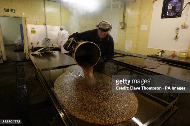 Sugar Boiler Neil Causey pours the mint mixture out to cool at the Santus Toffee Factory in Wigan as they prepare to make the two-billionth Uncle...