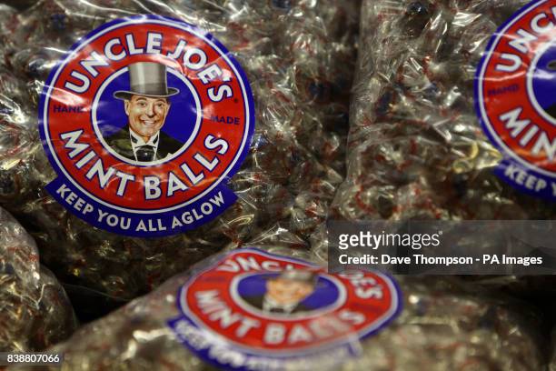 General view of bags of Uncle Joe's Mint Balls at the Santus Toffee factory in Wigan. The factory has produced the sweets since 1898.