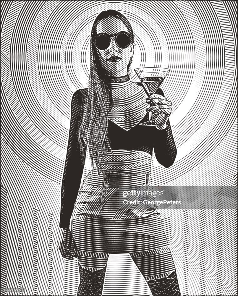 Engraving illustration of a sensuous woman at a popular concert drinking martini with a psychedelic pattern in background