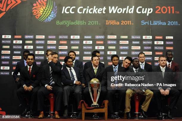 Back Row, Left to Right: Elton Chigumbura , Daniel Vettori , Shahid Afridi , MS Dhoni , Graeme Smith , Andrew Strauss , and Darren Sammy , Front Row:...