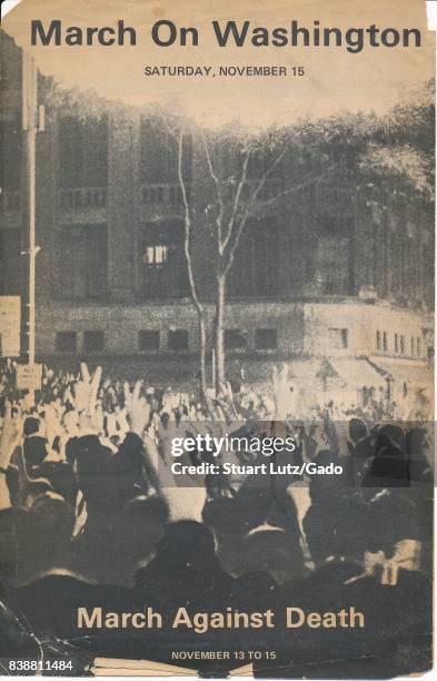 Leaflet for March on Washington Against Death, with image showing hands raised and making peace gestues, a peace march against the Vietnam War,...