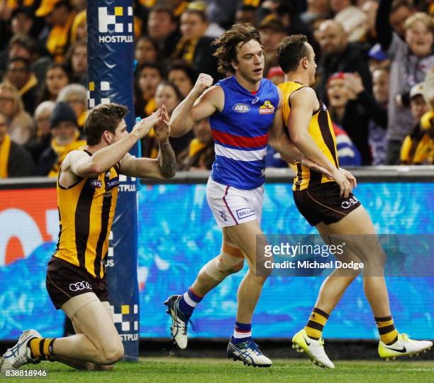 Liam Picken of the Bulldogs celebrates a goal as Kaiden Brand of the Hawks signals a touch behind during round 23 AFL match between the Hawthorn...
