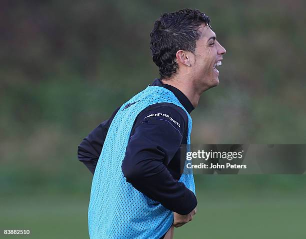 Cristiano Ronaldo of Manchester United, fresh from winning France Football's Ballon D'Or award, in action during a First Team Training Session at...