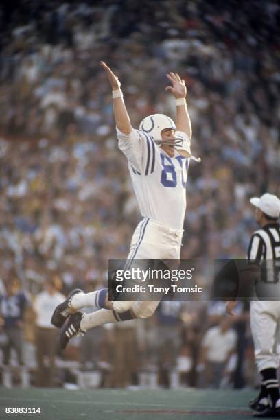 Placekicker Jim O'Brien of the Baltimore Colts celebrates kicking the game winning 32-yard field goal with 5 seconds left in Super Bowl V on January...