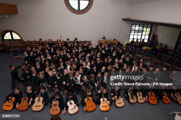 Children from Bucklebury Church of England Primary School record a song for the wedding of Prince William and Kate Middleton, in the Berkshire parish...