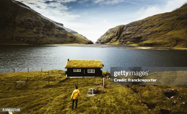 view of the saksun landscape at the faroe - island hut stock pictures, royalty-free photos & images