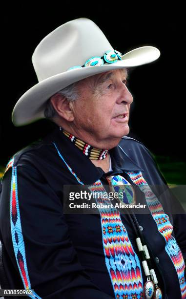 Former U.S. Senator Ben Nighthorse Campbell pauses to talk with visitors at the Santa Fe Indian Market in Santa Fe, New Mexico. The annual event,...