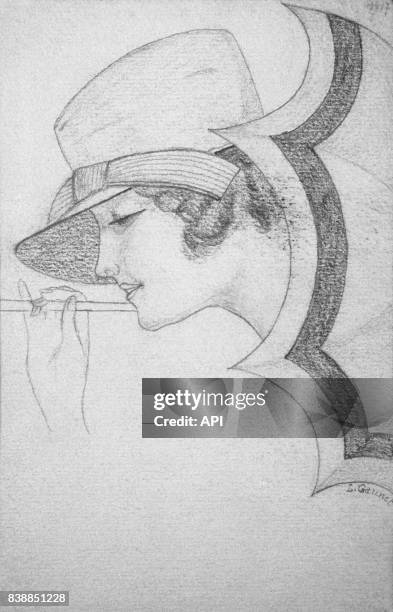 Illustration d'un profil du visage d'une femme coiffée d'un chapeau et qui tient une ombrelle.